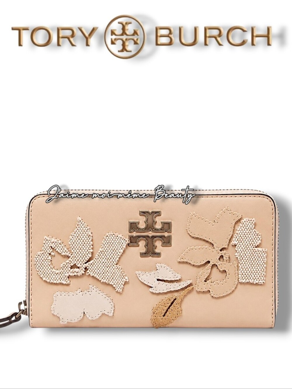 Tory Burch Hibiscus Flower Applique Wallet & ID lanyard- Cream & Silver - NEW